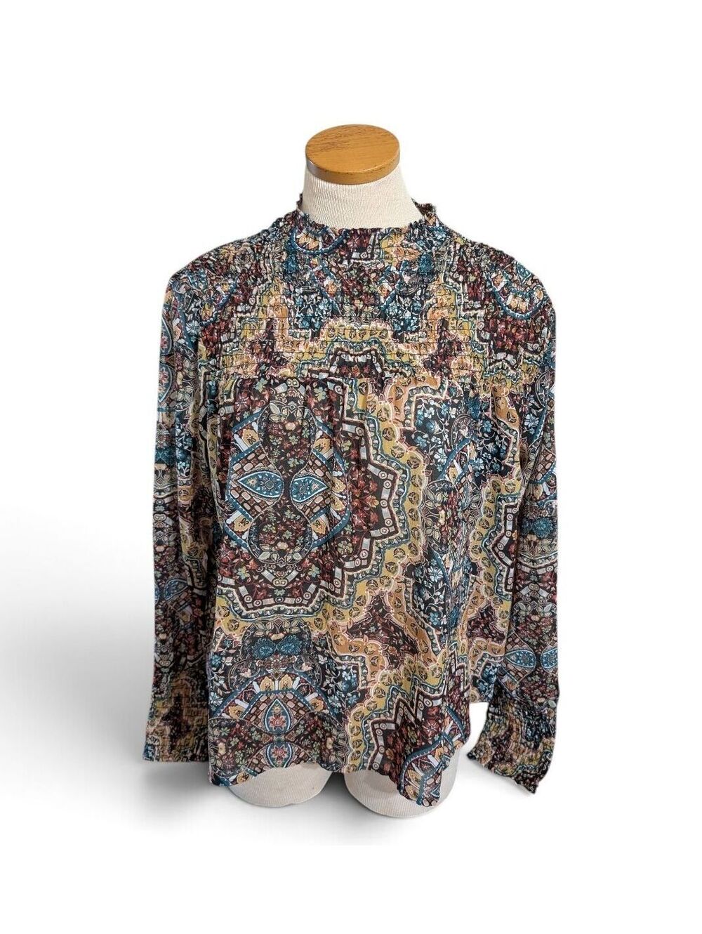Wrangler Retro Women's L Paisley Boho Smocked Long Sleeve Western Blouse Top